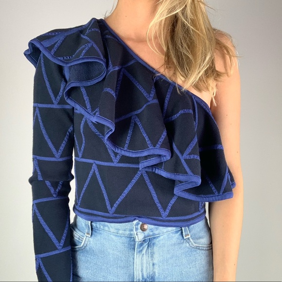 Pepa Pombo One Shoulder Black Blue Ruffle Top - Picture 8 of 8